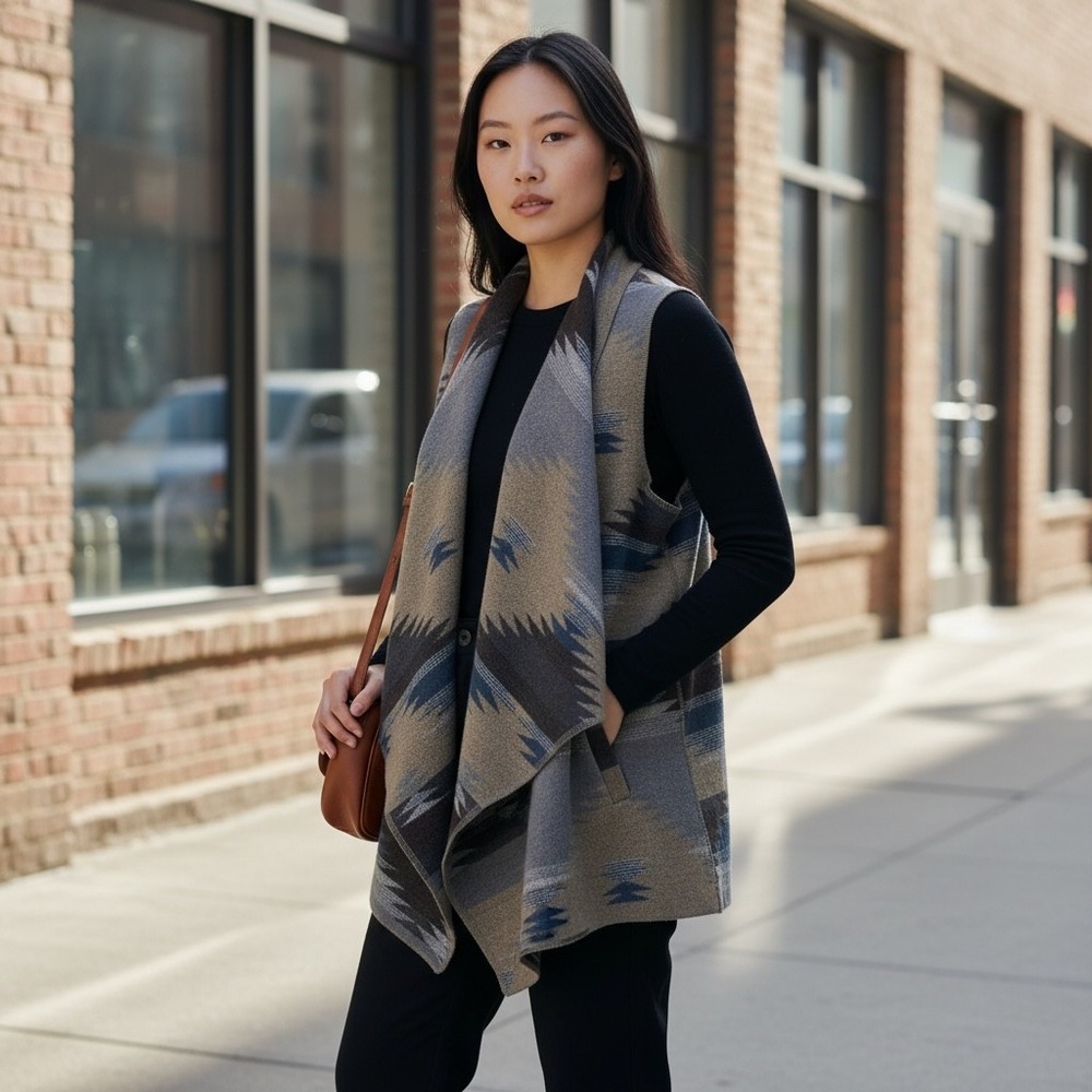 Tribal Jeans Aztec Southwestern Open Front Sleeveless Vest Women P/M‎